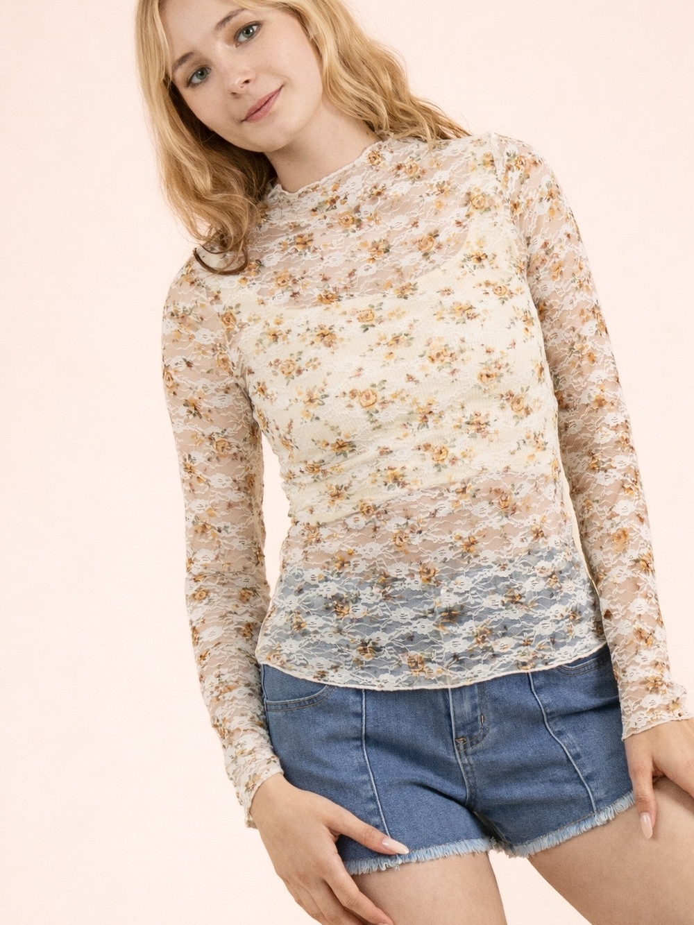 Floral Lace Long-Sleeve Mock Neck Top - Cream Floral